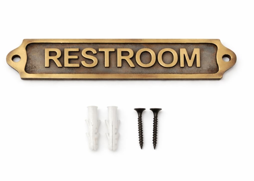 RESTROOM Antique Effect Door Plaque Sign | Vintage Style Metal WC Washroom Door Sign with Raised Lettering | Wall & Door Name Plate for Home Office Public Areas | 21.5 x 4.5 cm | RESTROOM