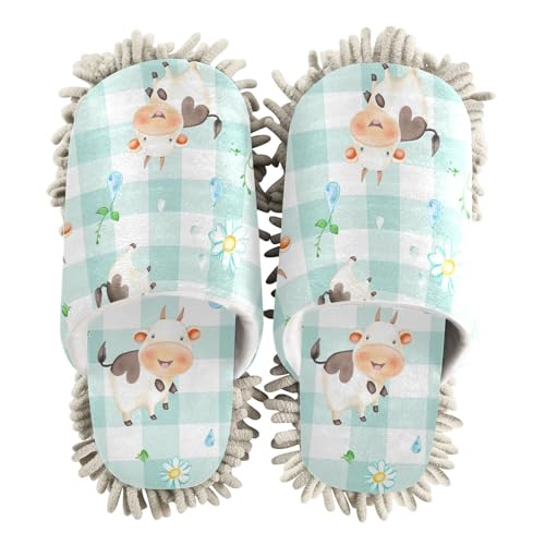 Microfiber Cleaning Slippers Buffalo Print Cute Daisy Cows Washable Mop Shoes Slipper for Men/Women House Floor Dust Cleaner, Size L