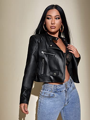 Makemechic Women's Petite Casual Faux Leather Cropped Jacket Zip Up Long Sleeve Moto Biker Coat Black Xs #TOP2