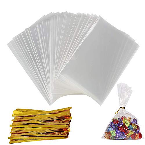 Preisvergleich Produktbild 200 Cellophantüten Klein Süßigkeiten Tüten Zellophantüten Klarsichttüten Transparent Plastiktütchen 9x15 cm mit 300Pcs Twist Krawatten Tütchen für Hochzeit Geburtstag Babyparty Kinderparty