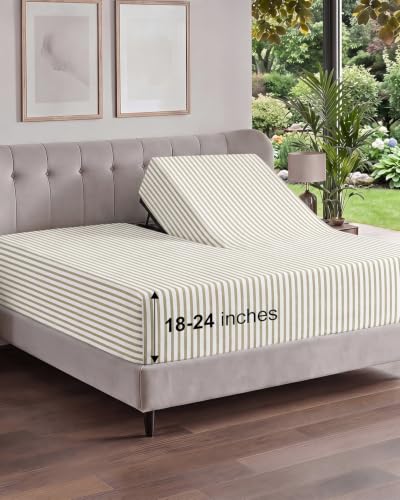 Image of Extra Deep Flex Top Split Head King Fitted Sheet - Hotel Luxury Single Fitted Sheet Only - Easily Fits 18 inch to 24 inch Mattress - Ultra Soft, Wrinkle Free w /Extra Deep Pockets - Beige Stripes 2