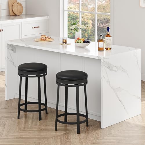 Garvee Swivel Bar Stool Set of 4, 24.4″ Counter Height Bar Stool with Upholstered PU Leather Cushion, Round Backless Kitchen Barstool with Metal Frame for Kitchen Home Bar, Black