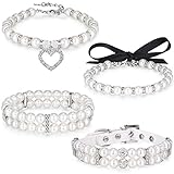 4 Pieces Cat Pearl Collars Pet Pearl Necklace Crystal Rhinestones Pearls Charms Dog Collar for Small Dogs Cats Wedding Birthday Party