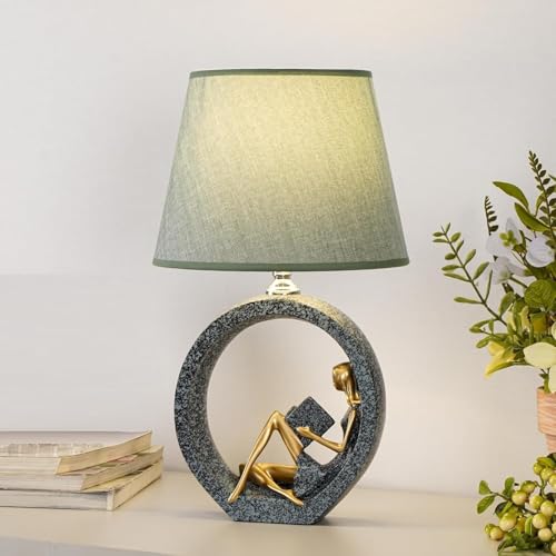 SUPERHONGJIHAO Decorative Table Lamp with Reading Girl Figure Base, Blackish Green and Gold, Circular Resin Base, Green Fabric Shade, Learning Reading Theme,17.3" Height