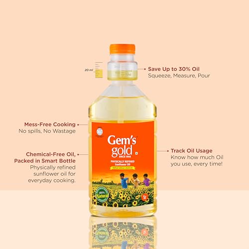 Image of Gem's Gold physically refined sunflower Cold Pressed Cooking Oil 1 Litre | Smart Bottle | Chemical Free, Kacchi Ghani, Chekku | Physically Refined Sunflower Oil