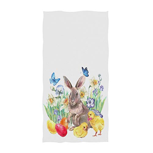 Easter-Themed Soft Hand Towels with Cute Bunny, Colored Eggs, Chickens, Flowers, and Butterflies - Perfect for Any Bathroom!