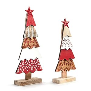 Demdaco primitive tree red and white 165 inch layered fir wood christmas decor figurine set of 2  urban country home decor