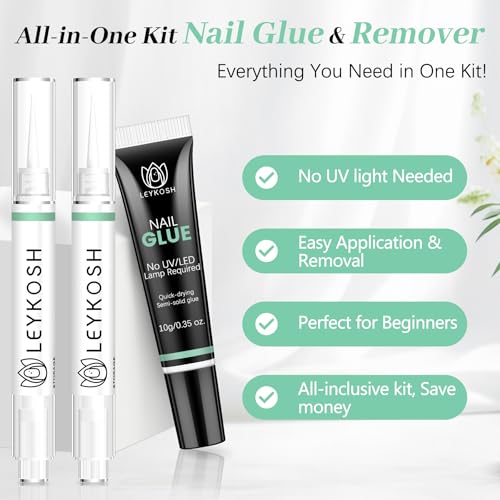 Image of Leykosh Nail Glue for Press Ons 10g & 2*5ml Nail Glue Remover Pens, 10s Quick Dry Semi Solid Glue on Nails No Lamp Needed, 28+ Days Strong Hold, Damage Free Easy Off, Not for Gel Polish or UV Curing