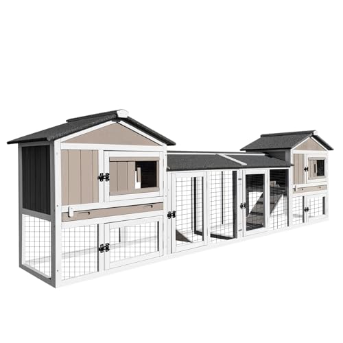 Rabbit Hutch Indoor and Outdoor 2-Story Rabbit Cage with Pull Out Tray Fir Wood Pet House with Wooden Ramp Waterproof Bunny Cage Indoor with 2 Asphalt Roofs Grey (114 L-Grey)