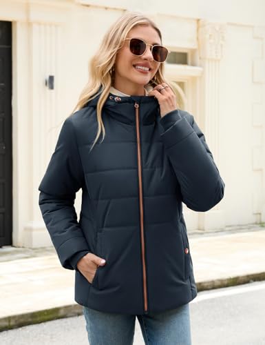 Vancavoo Wintermantel Damen Winterjacke Warm Gefüttert Winterparka Winter Jacket Mäntel Parka Kurzmantel Frauen mit Kapuze,Marineblau,M