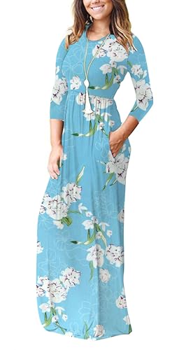 Image of WNEEDU Women's 3 /4 Sleeve Casual Loose Long Maxi Dresses with Pocket