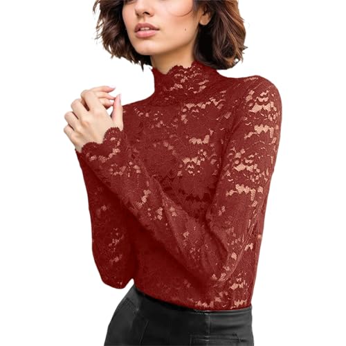 Top de encaje para mujer, manga larga, cuello alto, ver a través de malla, ropa interior, blusa, camiseta, sexy, delgada, informal, parte superior de encaje negro, Y rojo., XXL