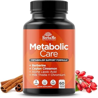 HerbaMe Berberine Supplement with Ceylon Cinnamon, Chromium, Alpha Lipoic Acid, Metabolic Care Supports Metabolism & Cardiovascular Health and Immune System, Helps Maintain Steady Energy Levels