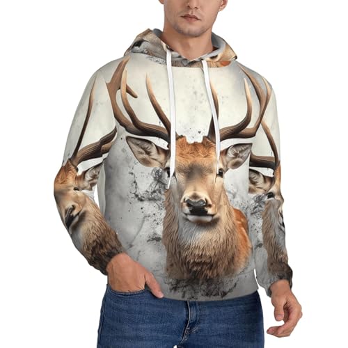 Men's Fleece Pullover Hoodie Long Sleeve Hooded Animal deer Sweatshirt Casual Shirts With Pockets Large Black