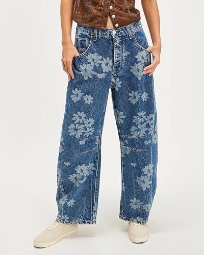 Women Barrel Jeans Casual Wide Leg Baggy Daisy Printed Pants Y2k Boyfriend Mid Rise Denim Ankle Pants4