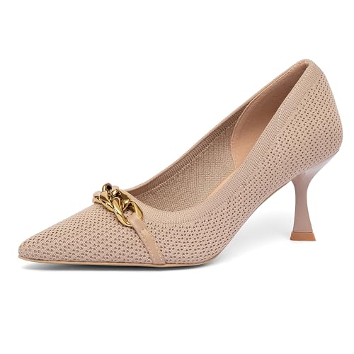 NEWBELLA Mousse FIT Women's Knitted Pointed Toe Stiletto Heels - Stiletto Dress Pumps with Chain Strap Detail, Comfortable Formal Shoes, Apricot 8