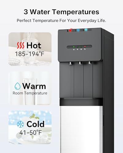 Image of Bottom Loading Water Cooler Dispenser for 3 & 5 Gallon Bottles - Hot, Cold & Room 3 Temperature, Child Safety Lock, LED Indicator Light,Ideal for Kitchen, Office and Home, Black