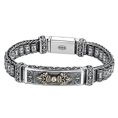 ZHANGWW 1 STÜCKE Silber Armband Herren Persönlichkeit Stil Retro Kreative Handgewebte Sechs-Zeichen Mantra Barrel Perlenkette Für Freund Geschenk-schwarz,22cm Cover