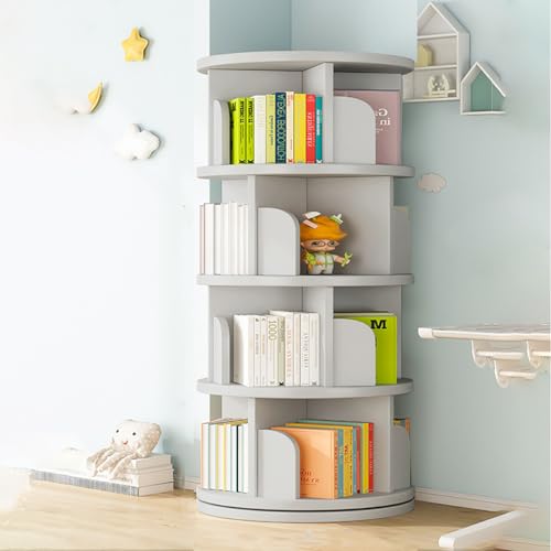 Image of Rotating Bookshelf Tower, 4/5 Tier Circular Bookshelf for Kids&Adults, 18 in Wood 360° Floor Standing Book Storage Rack, Spinning Bookshelf Tower for Classroom Playroom Study Bedroom (Grey, 1-4)