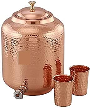 Will and Weaves Wasserspender aus reinem gehämmertem Kupfer mit Zapfhahn, Matka-Wasserkrug, Kupferkrug mit Hahn, 4 Liter, mit 2 gehämmerten Wassergläsern aus Kupfer