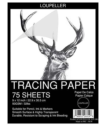 LOUPELLER 9” X 12” TRACING Paper PAD – 75 Sheets of 32LB / 50G – Wrinkle Free Highly Transparent TRACING Paper for Drawing – Works with Pen, Pencil & Marker – for Artists, Architects & Kids