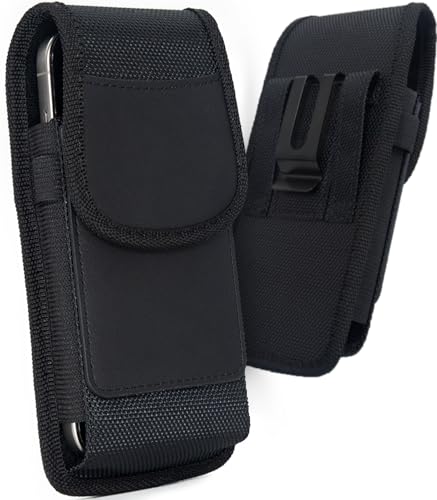URDIKKG Phone Holster Pouch Compatible with iPhone 17/16/15/14/13/12 and Pro Models Galaxy S25 S24 S23 S22 Cell Phone Belt Holder with Card Holder and Magnetic Closure M-Black