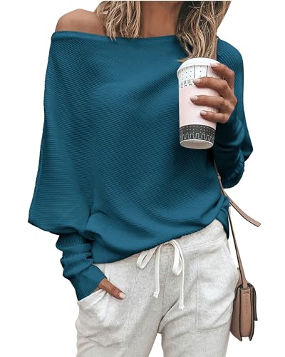 Zenlonr Women's Fall Sweaters 2026 Casual Long Batwing Sleeve Loose Off Shoulder Knit Pullovers Jumper Tops(Grey Blue,Large)