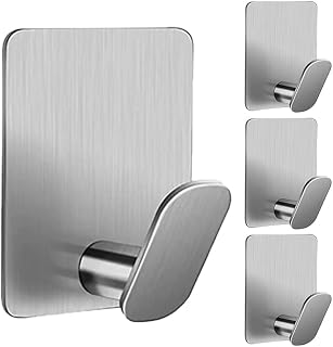 Anyuecoco Towel Hooks for Bathrooms,4 Pack Adhesive Hooks Silver Stainless Steel Adhesive Wall Hooks,Utility Hooks,Coat Hooks. Hooks for Hanging Clothes,Hats,Pants,Shower Ball,Robes,Bag,Key
