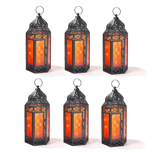 LampLust Moroccan Lantern with Lights, Set of 6, 11 Inch, LED Fairy Lights, Batteries & Timer Included, Black Metal & Red Colored Glass, Decorative Metal Lanterns, Wedding & Table Centerpiece Decor