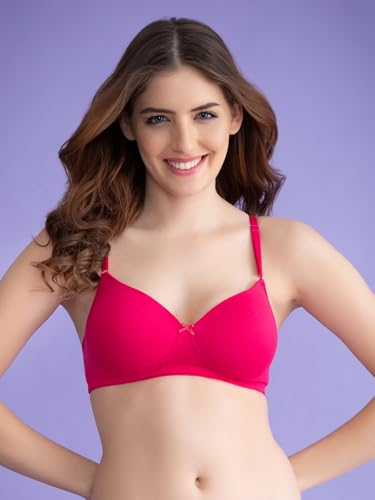 Image of Clovia Women's Cotton Rich Solid Padded Full Cup Wire Free T-Shirt Bra - Dark Pink
