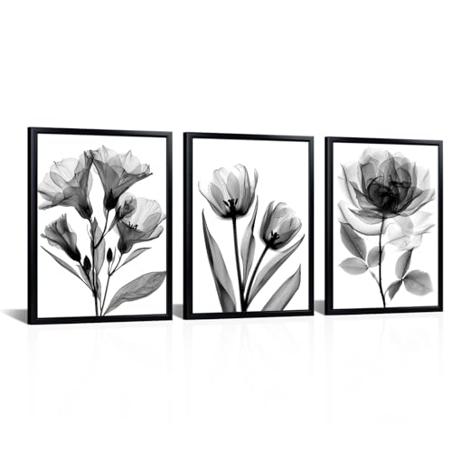 KREATIVE ARTS 3-Piece Black and White Tropical Floral Wall Art