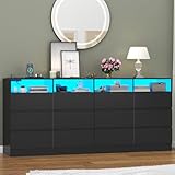 Gyfimoie 63' Wide 6-Drawer Black Dresser with Divided Compartments, Charging Station & LED Lights, TV Stand for TVs up to 75', Large Organizer with 4 Open Cubbies