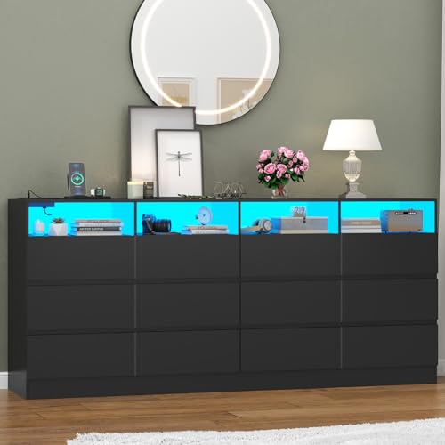 Gyfimoie 63' Wide 6-Drawer Black Dresser with Divided Compartments, Charging Station & LED Lights,...