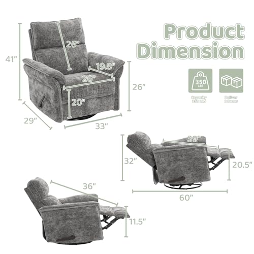 Image of Oversized Swivel Rocker Recliner with Adjustable Headrest, Rocking Chair Nursery with Overstuffed Armrest, Manual Rocker Recliner Nursery Chair for Living Room, Dark Grey