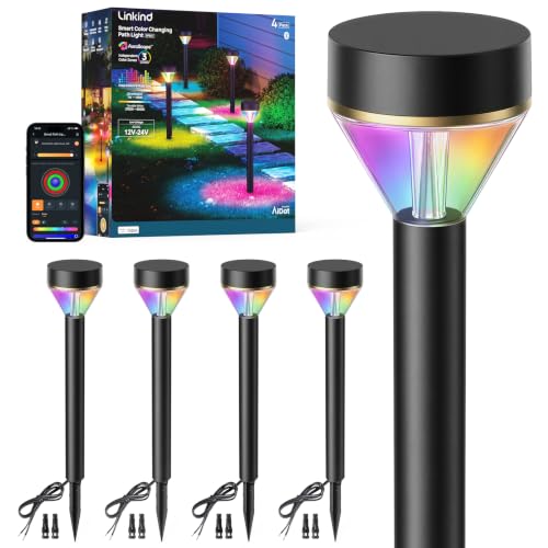 Linkind Smart Low-Voltage Path Lights SP6LV 510LM Multi-Zone Outdoor Pathway Lights AC/DC 12-24V App & Voice Controlled Color-Changing Landscape Lighting for Garden Walkway Driveway 4 Pack