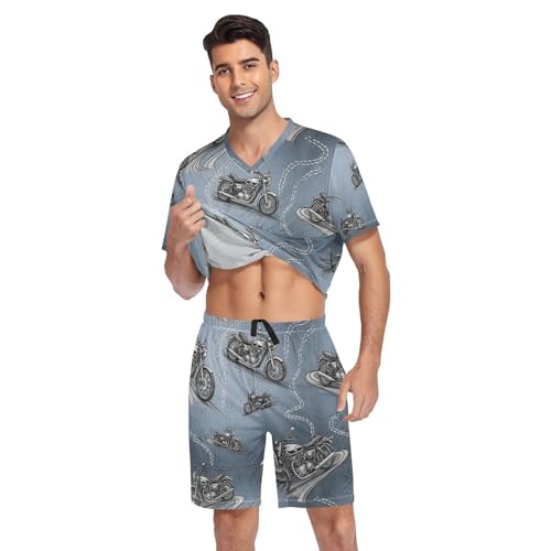 Mens Short Sleeve Pajama Set Motorcycle Pattern on Blue 2-piece Lounge Sleep Sets Men's Sleepwear S-XXL3