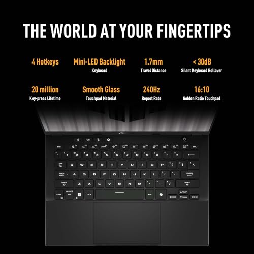 Image of ASUS TUF Gaming A14 (2024) Gaming Laptop, 14 inch WQXGA 16:10 165Hz Display, AMD Ryzen 7 8845HS, NVIDIA GeForce RTX 4060, 16GB LPDDR5X, 1TB PCIe Gen 4.0 SSD, Wi-Fi 6E, Windows 11, FA401UV-DB74