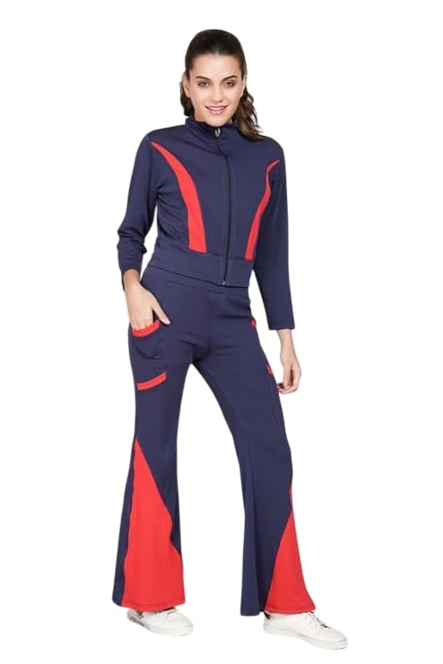 ameeha Women's Color Blocked Tracksuit Set with Full Zip Jacket, Bell Bottom Pants, Pockets - Premium Fitness Activewear-picture-15