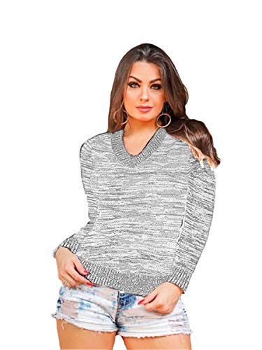 Blusa Tricô Tricot Listrada Feminina Suéter Gola V (Cinza-Claro, M)
