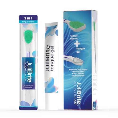 Kit para de la lengua JuliBrite | 1 gel lingual (50ML) + 1 cepillo lingual | Ayuda a combatir el mal aliento (halitosis) | Lengua blanca | Aliento fresco | Raspador lingual | Limpiador lingual