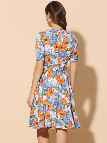 Image of Allegra K Women's Vintage Peter Pan Collar High Waist Flowy Midi Puff Sleeve Floral Dress