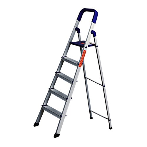 Image of BRANCO Home Pro Ladder 5 Step Ladder for Home Use | Heavy Duty Folding Aluminium Finish Ladder |150 kg Capacity | Home-Foldable | Anti-Skid Shoes | with Sure-Hinge Technology | (5 Years Warranty)