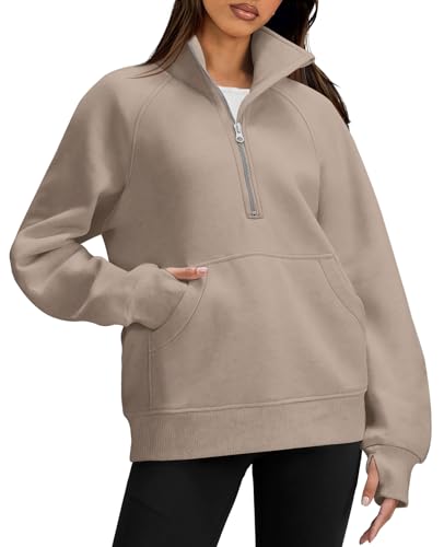 Ofeefan Half Zip Oversized Sweatshirts For Women Casual Fall Outfits Tunic Quarter Zip Pullover Crewneck Sweaters Hoodies Winter Clothes 2024 Coffee Grey Xxl thumb #3