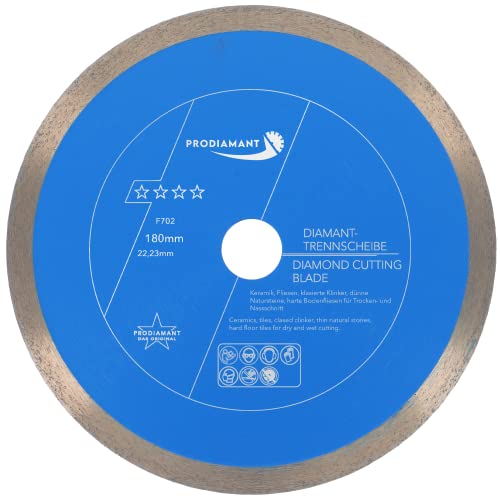 PRODIAMANT Disco da taglio diamantato Tile Professional 180 mm x 22,23 mm F702 ProRim no break out su piastrelle smaltate gres porcellanato ceramica e pietra naturale
