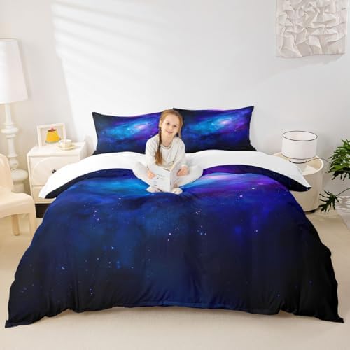 Feelyou Galaxy Bedding Set Queen Size, Girls Boys Kids Teen Comforter Cover, Outer Space Duvet Cover Galaxy Stars in Space Celestial Astronomic Planets, Decorative Bedclothes Blue Purple - 3