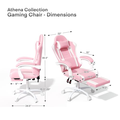 Image of Athena Collection Ergonomic Gaming Chair for Adults, Pink | Height Adjustable Office Chair Computer Desk Chair with Footrest & Headrest Lumbar Support for Office & Home, 350lbs