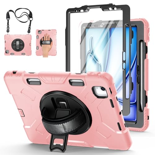 Case for iPad Air 11 M3 2025 & M2 2024: Cover for iPad Air 5th & 4th Generation 10.9 Inch (2020/2022) with Screen Protector- Stand- Handle- Shoulder Strap- Pencil Holder-Black+Pink