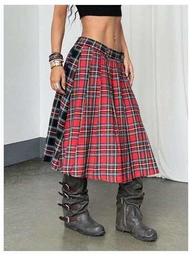 MakeMeChic Women's Plaid Skirt Asymmetrical Low Waist Pleated Split Y2k Midi Skirts2