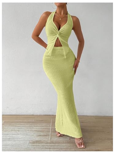 Image of SOLY HUX Women's Two Piece Outfits Twist Front Halter Cami Tops and Skirt Summer Set