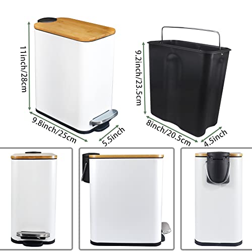 Sidianban Bathroom Trash Can With Bamboo Lid Soft Close And Foot Pedal, Small Rectangular Slim Garbage Can With Inner Wastebasket For Bedroom, Office, Kitchen, 1.3Gal/5L, White #TOP1